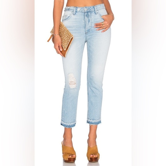 Tularosa Denim - TULAROSA size 27 Hailey Straight Jeans Distressed raw hem light wash